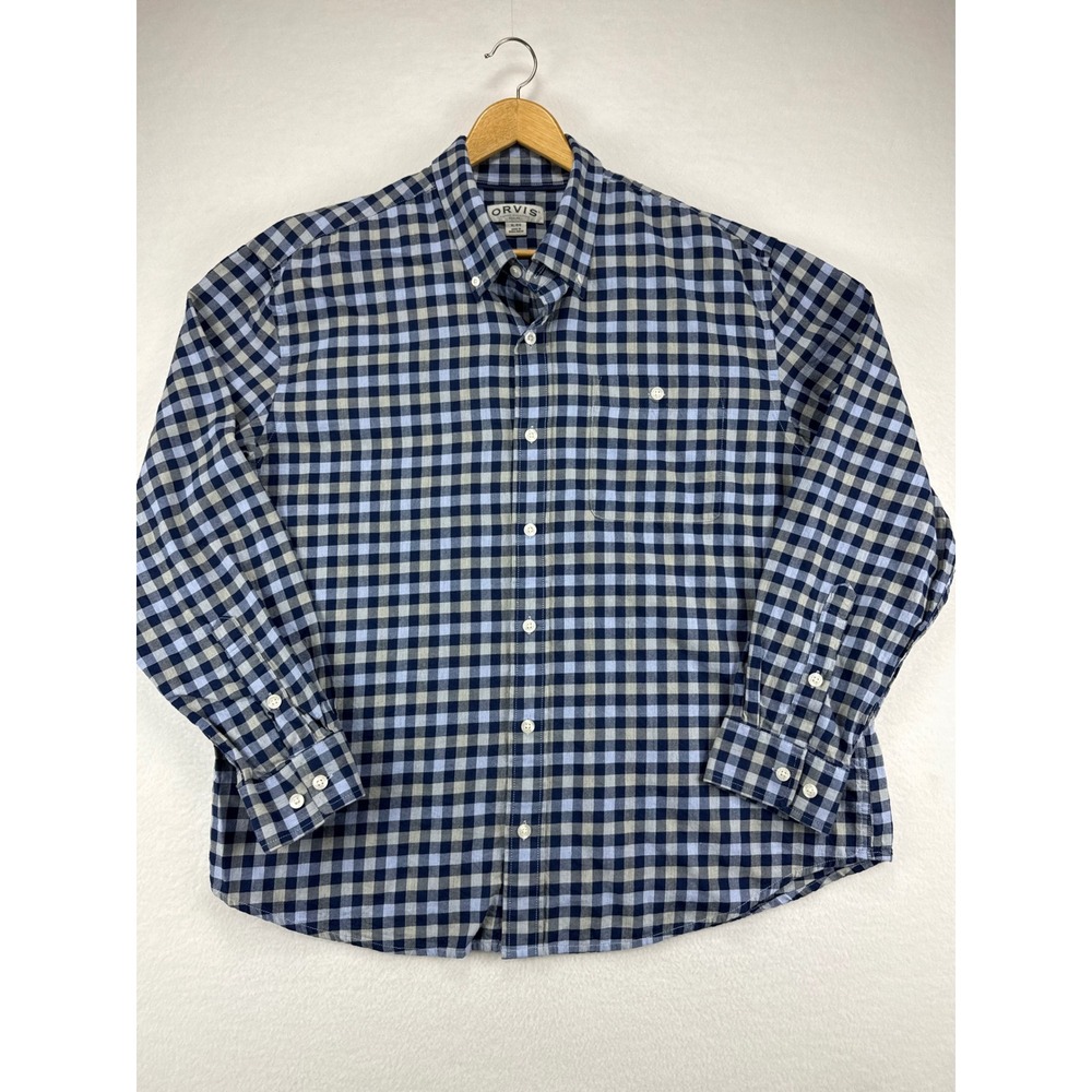 Orvis Button Down Shirt Mens XL Blue Grey Gingham Plaid Long Sleeve Classic